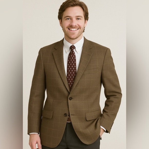 Ralph Lauren Brown Window Pane Sport Coat Blazer Jacket Men's 42 R Silk Wool - Picture 1 of 9